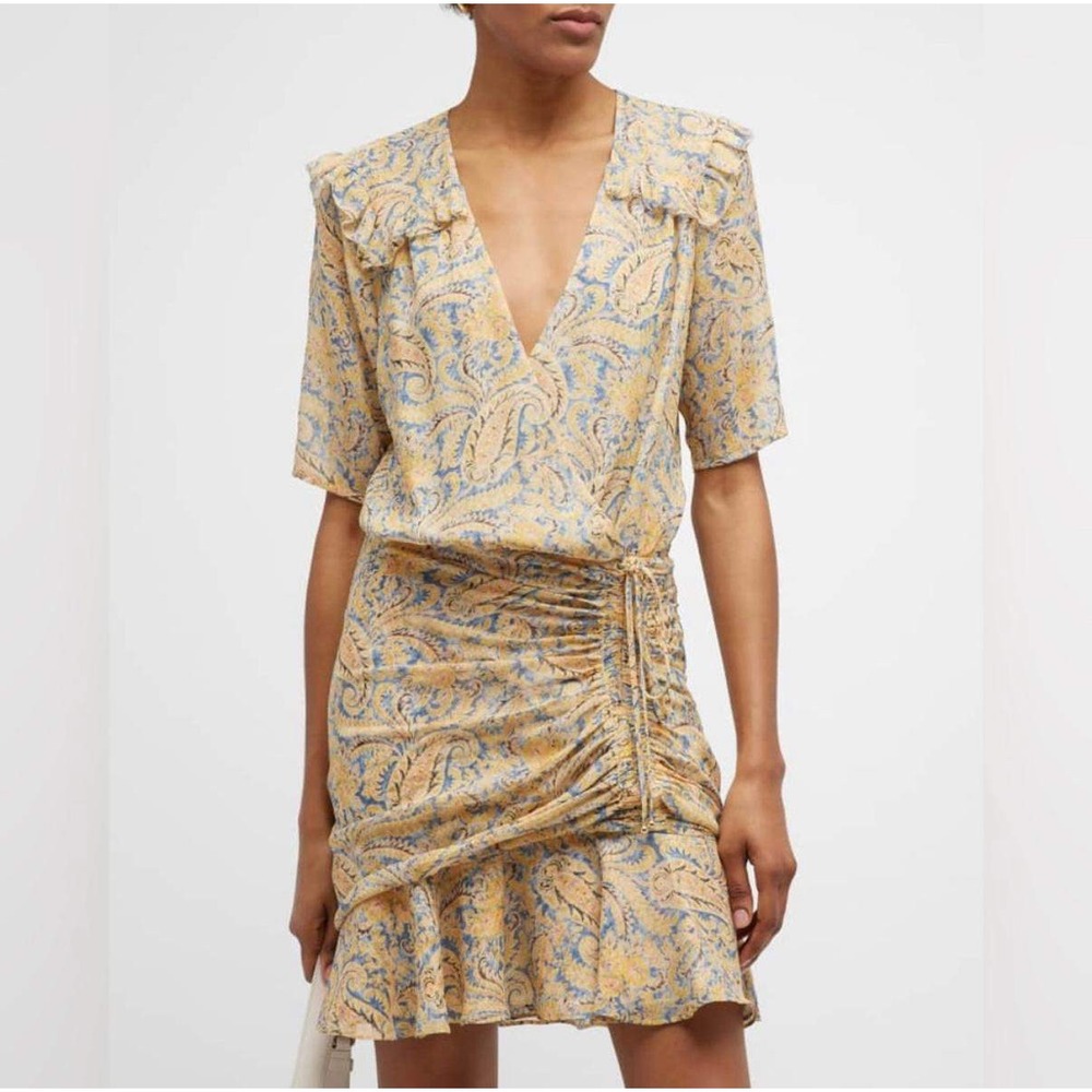 Veronica Beard 4 Blue Yellow Paisley Ruched Ruffle V-Neck Drawstring Mini‎ Dress